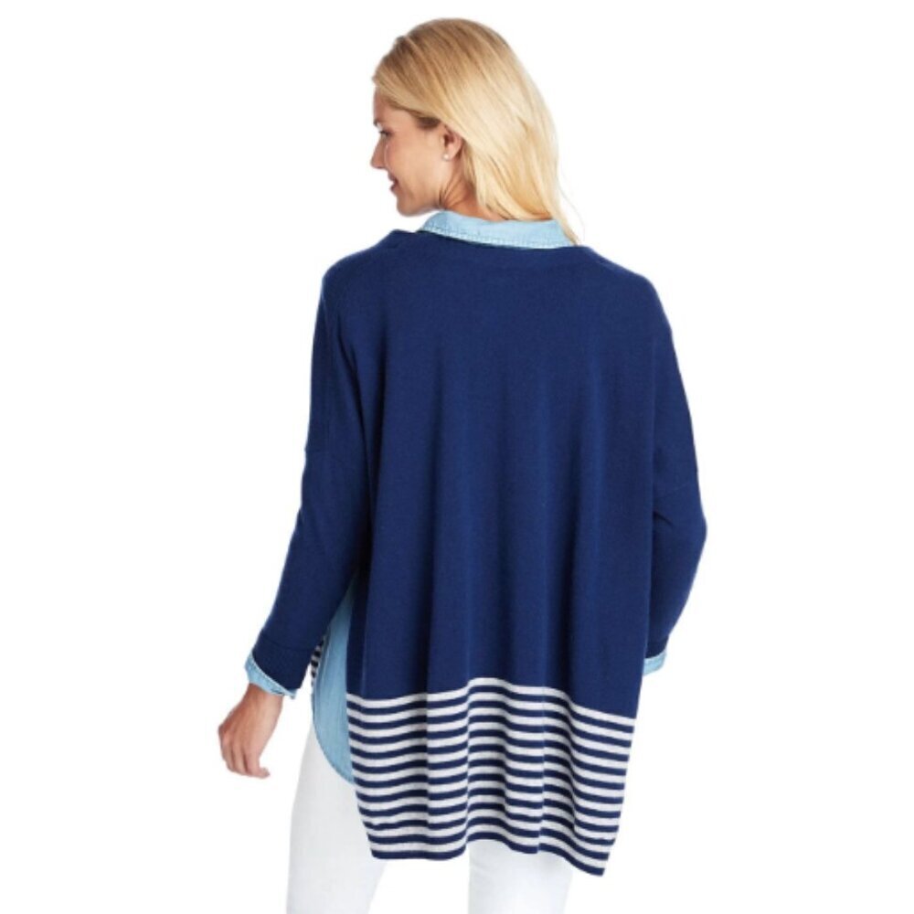 Vineyard Vines Oversized Striped V-Neck Poncho Sweater in Navy & Gray Size XS - Picture 3 of 12